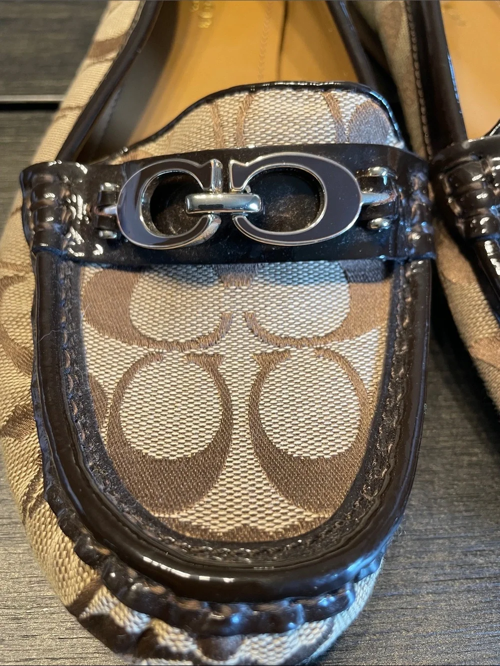 Coach Tan & Brown Signature Canvas Loafers with Metal Bit